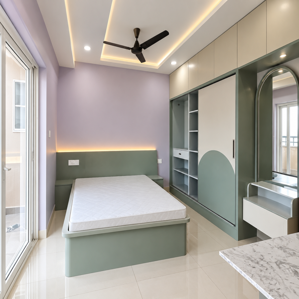 Contemporary bedroom, modern bedroom interior, luxury apartment bedroom, stylish bed, spacious bedroom, pastel purple wall, modern wardrobe, built-in wardrobe, white wardrobe cabinets, decorative wardrobe panels, geometric design, ceiling fan, LED strip lighting, false ceiling, recessed lights, glossy floor, large windows, natural daylight, elegant interior, premium home, sophisticated bedroom, minimalist decor, modern furniture, luxury residential interior, stylish apartment, contemporary home design, clean bedroom, spacious sleeping area, designer wardrobe, premium flooring, warm lighting, modern ceiling design, upscale residential property, beautiful home interior, refined bedroom decor, modern Indian home, high-end apartment, luxury lifestyle, elegant bedroom design, bright room, comfortable home, premium interiors, contemporary architecture, polished tiles, modern storage, stylish home decor, luxury residence, modern real estate, designer bedroom, elegant apartment interior